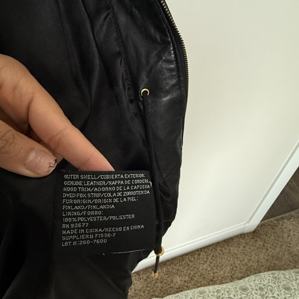 Worthington Womens Genuine Leather Coat Large Black Hooded Faux Fur Trim Luxury - Picture 15 of 16